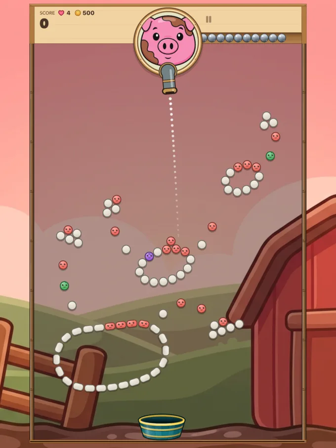 A Knockabout court on iPad: Squelch the pig above the cannon, aiming at rings and clusters of smiling red and white pegs, with a washtub at the bottom by the barn