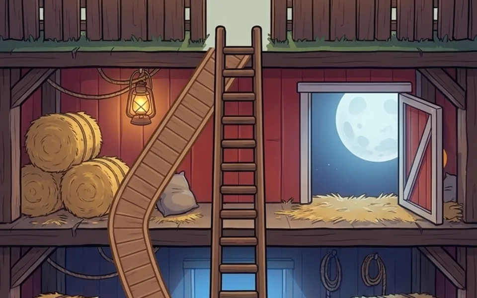 Inside a barn at night: ladders and a wooden walkway climb past hay bales and a lantern toward a moonlit loft door