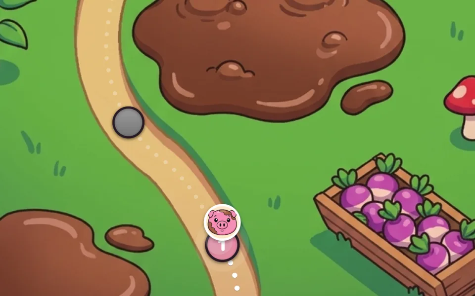 The story map's first world, the Hog Wallow: Squelch the pig waits at the first stop on a dirt trail winding past a mud wallow and a crate of turnips